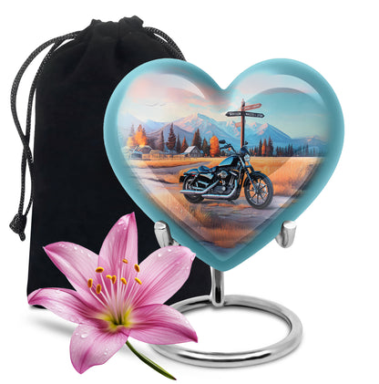 Bright Blue Bike Cremation Urn detail view - compassionate heart-bike combination with gentle curves - full-size 10 inch 200 cubic inch adult cremation urn