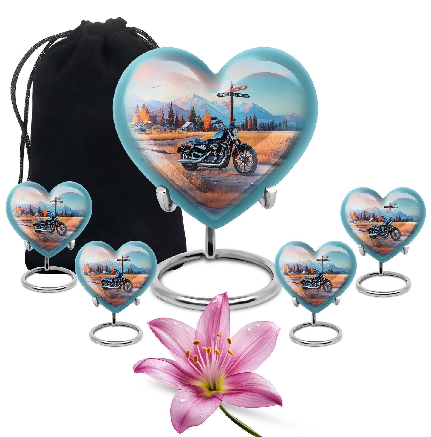Serene Blue Bike Cremation Urn close-up of engraving and surface detail - romantic heart urn with bike motif on aluminum - memorial set with one large and four small urns