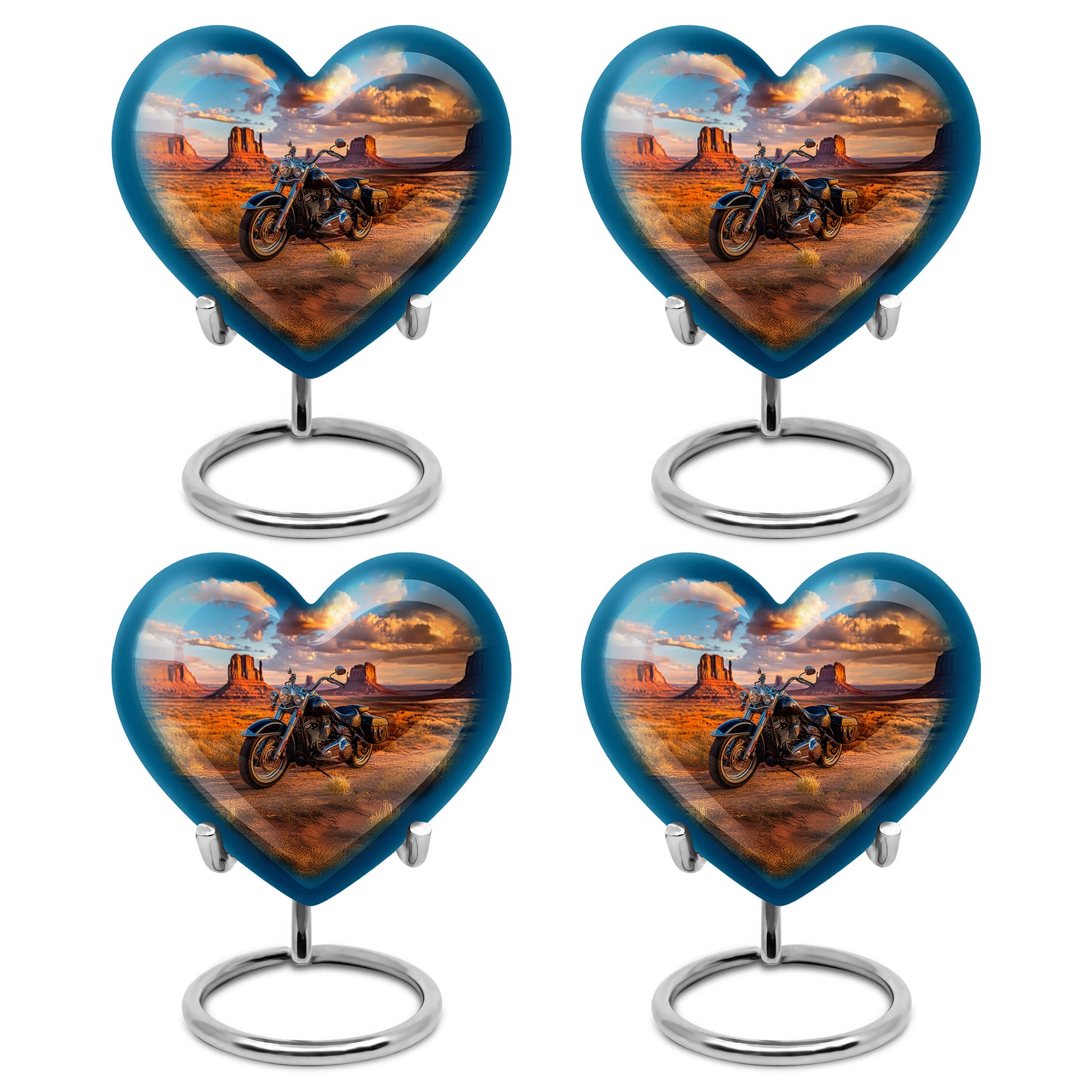 Serene Blue Bike Cremation Urn angled view of lid and engraved motif - romantic heart urn with bike motif on aluminum - 10 inch aluminum urn for cremated remains