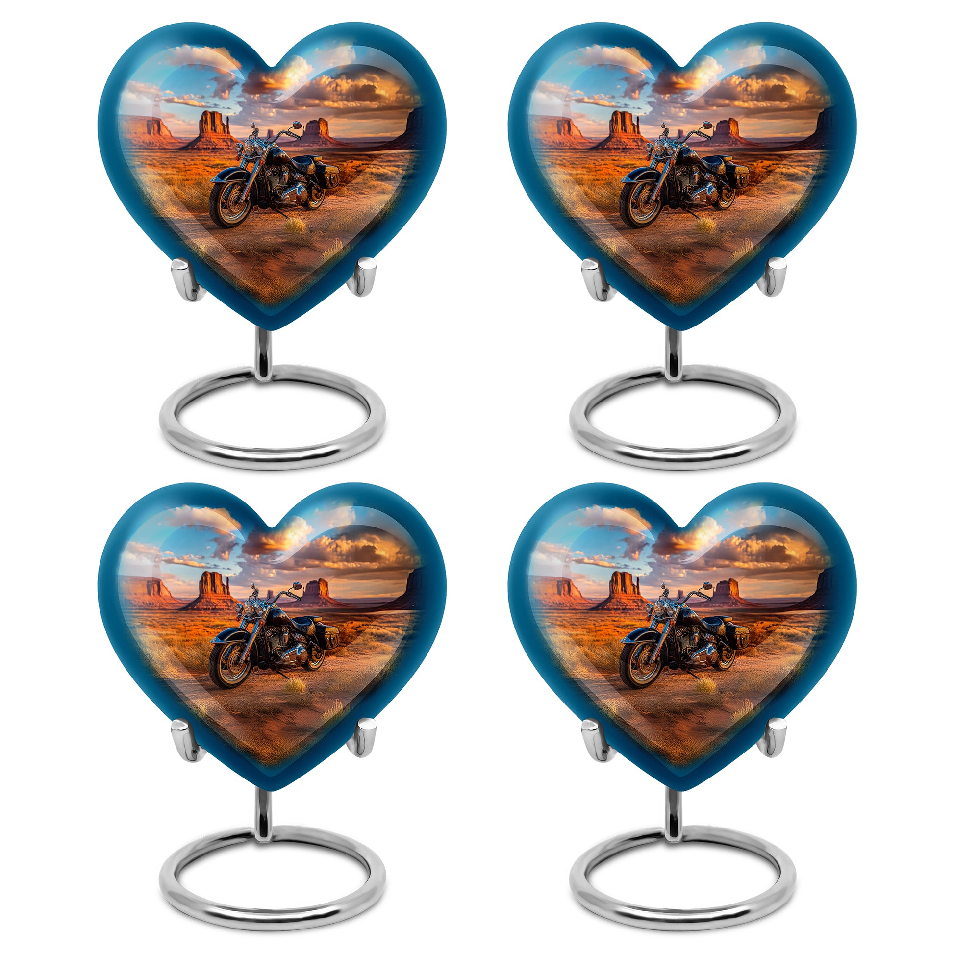 Serene Blue Bike Cremation Urn angled view of lid and engraved motif - romantic heart urn with bike motif on aluminum - 10 inch aluminum urn for cremated remains