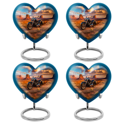 Serene Blue Bike Cremation Urn angled view of lid and engraved motif - romantic heart urn with bike motif on aluminum - 10 inch aluminum urn for cremated remains