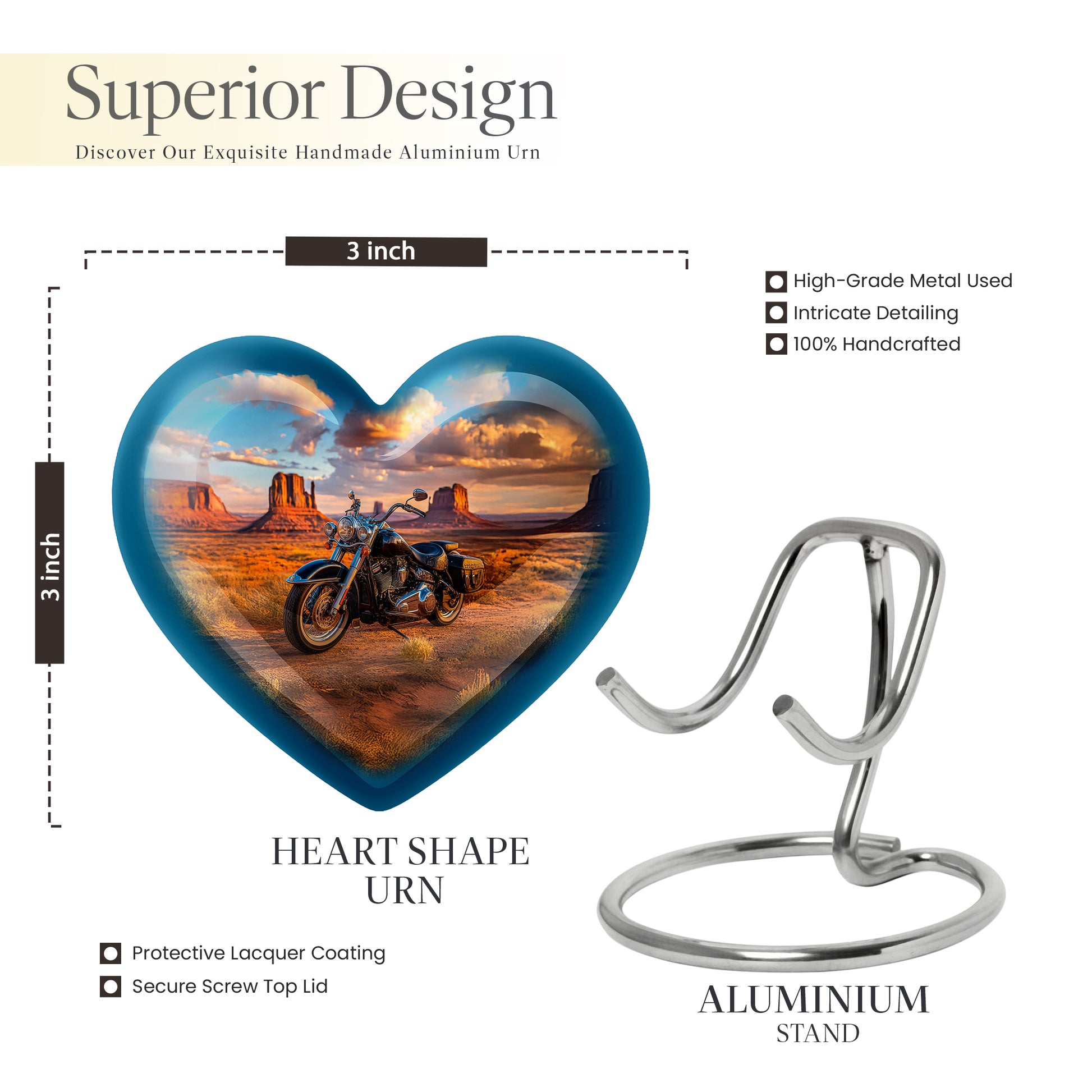 Indigo Bike Cremation Urn front view showing detailed design - heart-shaped bike design symbolizing eternal love - mini keepsake memorial for portion of cremation ashes