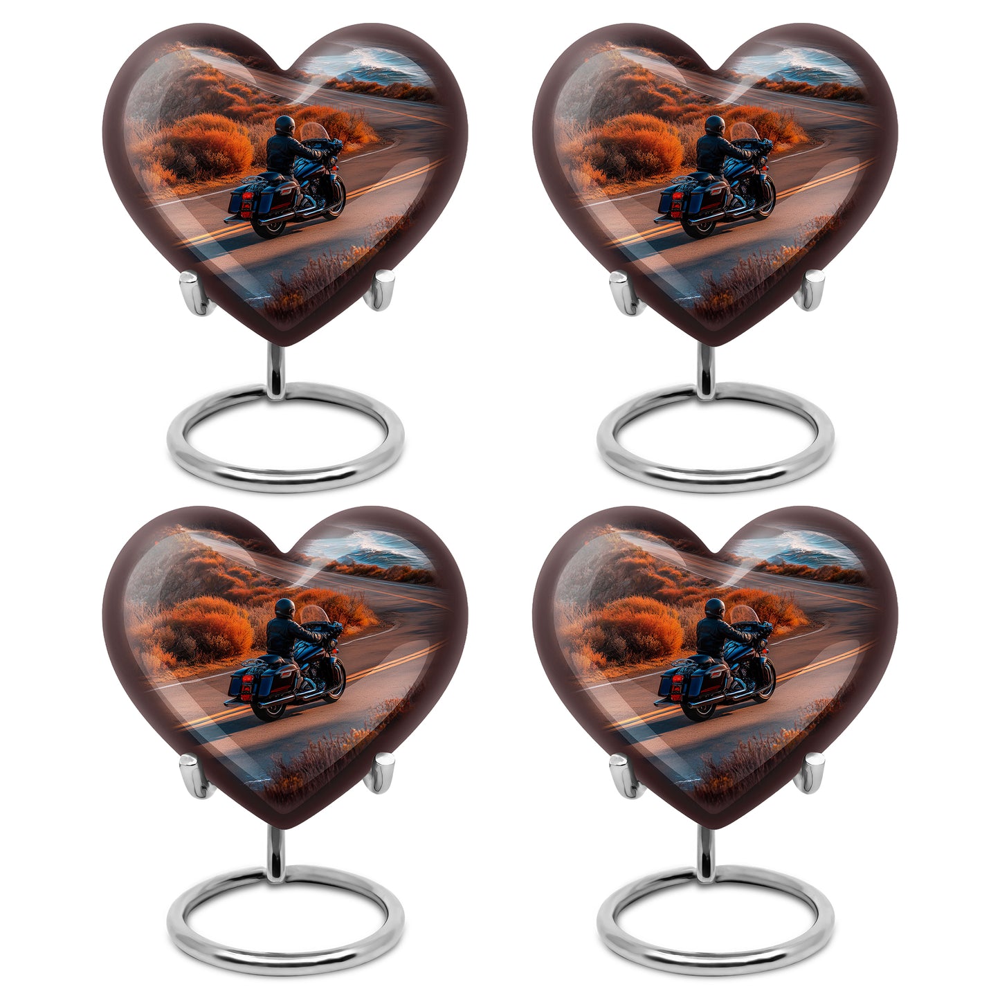 Harvest Gold Bike Cremation Urn angled view of lid and engraved motif - romantic heart urn with bike motif on aluminum - 10 inch aluminum urn for cremated remains