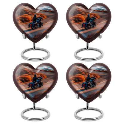 Harvest Gold Bike Cremation Urn angled view of lid and engraved motif - romantic heart urn with bike motif on aluminum - 10 inch aluminum urn for cremated remains