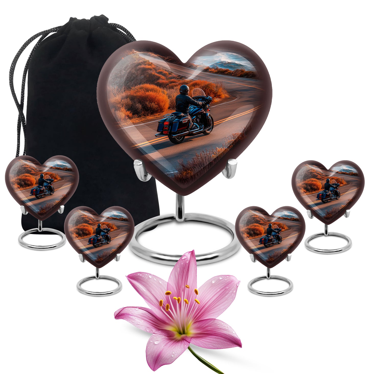 Gilded Gold Bike Cremation Urn close-up of engraving and surface detail - heart-shaped bike design symbolizing eternal love - memorial set with one large and four small urns