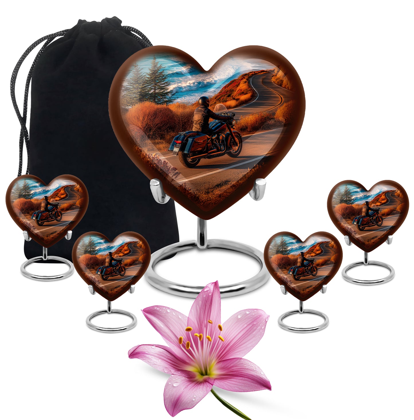 Sea Green Teal Bike Cremation Urn close-up of engraving and surface detail - heart-shaped bike design symbolizing eternal love - memorial set with one large and four small urns