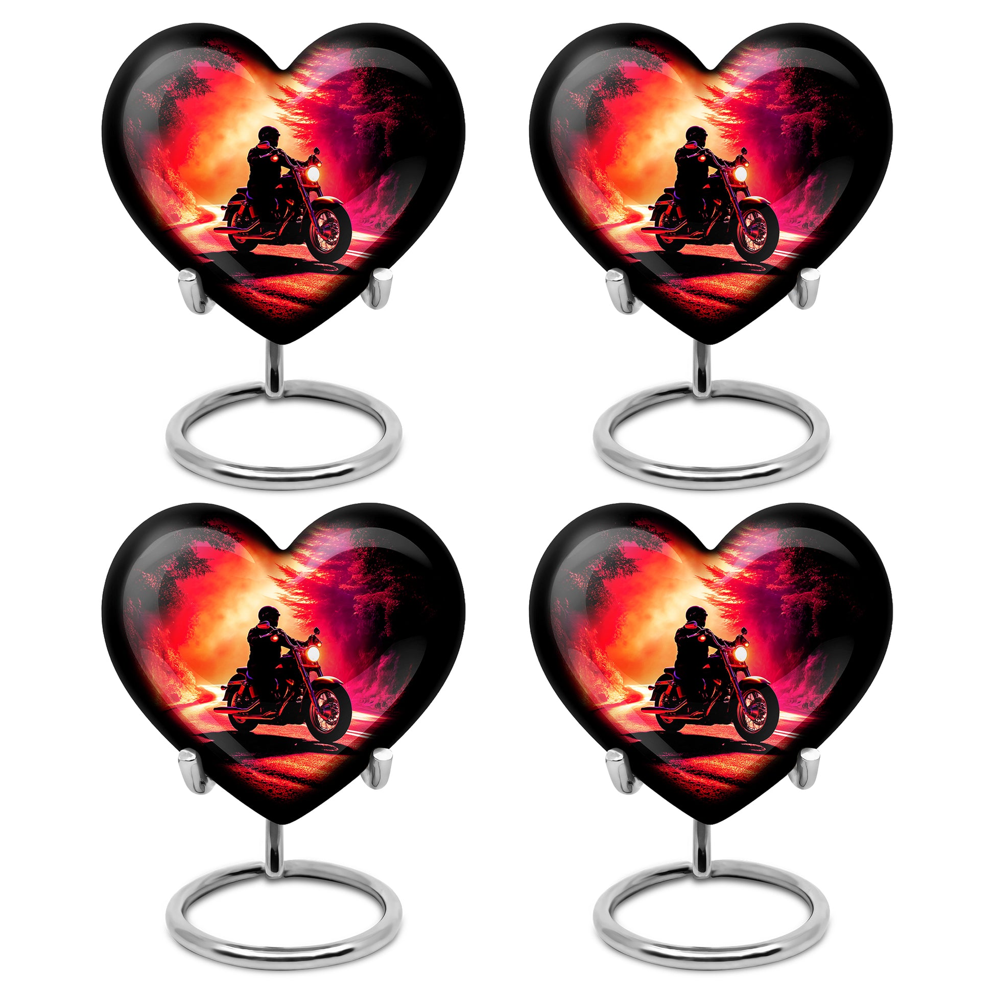 Glossy Black Bike Cremation Urn angled view of lid and engraved motif - loving heart memorial featuring bike pattern - 10 inch aluminum urn for cremated remains