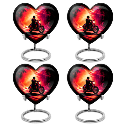 Glossy Black Bike Cremation Urn angled view of lid and engraved motif - loving heart memorial featuring bike pattern - 10 inch aluminum urn for cremated remains