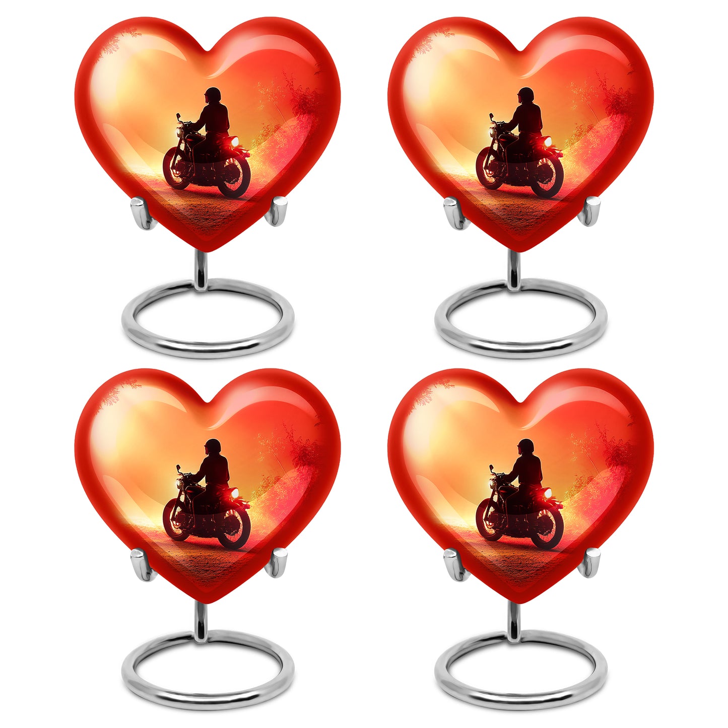 Deep Red Bike Cremation Urn angled view of lid and engraved motif - heart-shaped bike design symbolizing eternal love - 10 inch aluminum urn for cremated remains