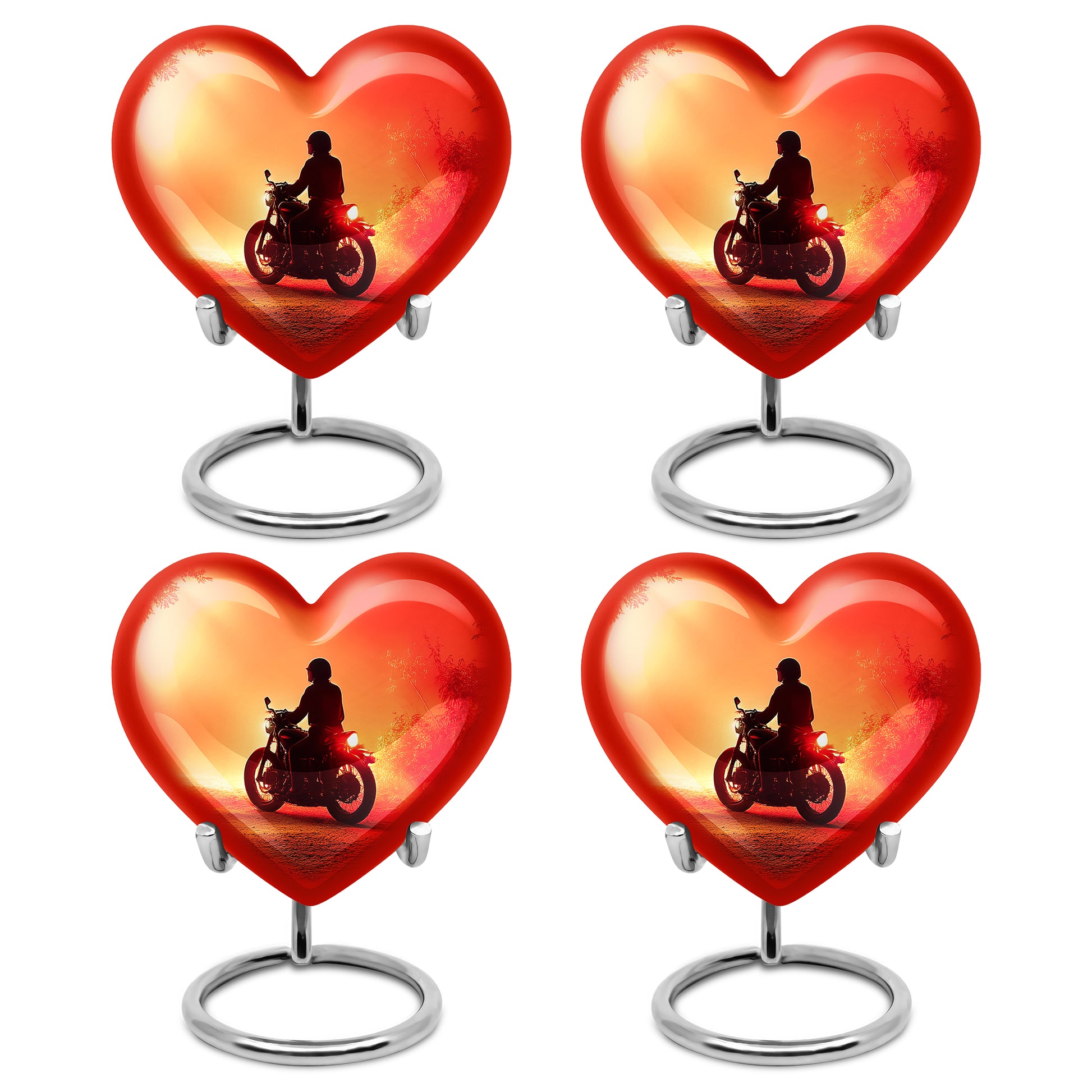 Deep Red Bike Cremation Urn angled view of lid and engraved motif - heart-shaped bike design symbolizing eternal love - 10 inch aluminum urn for cremated remains