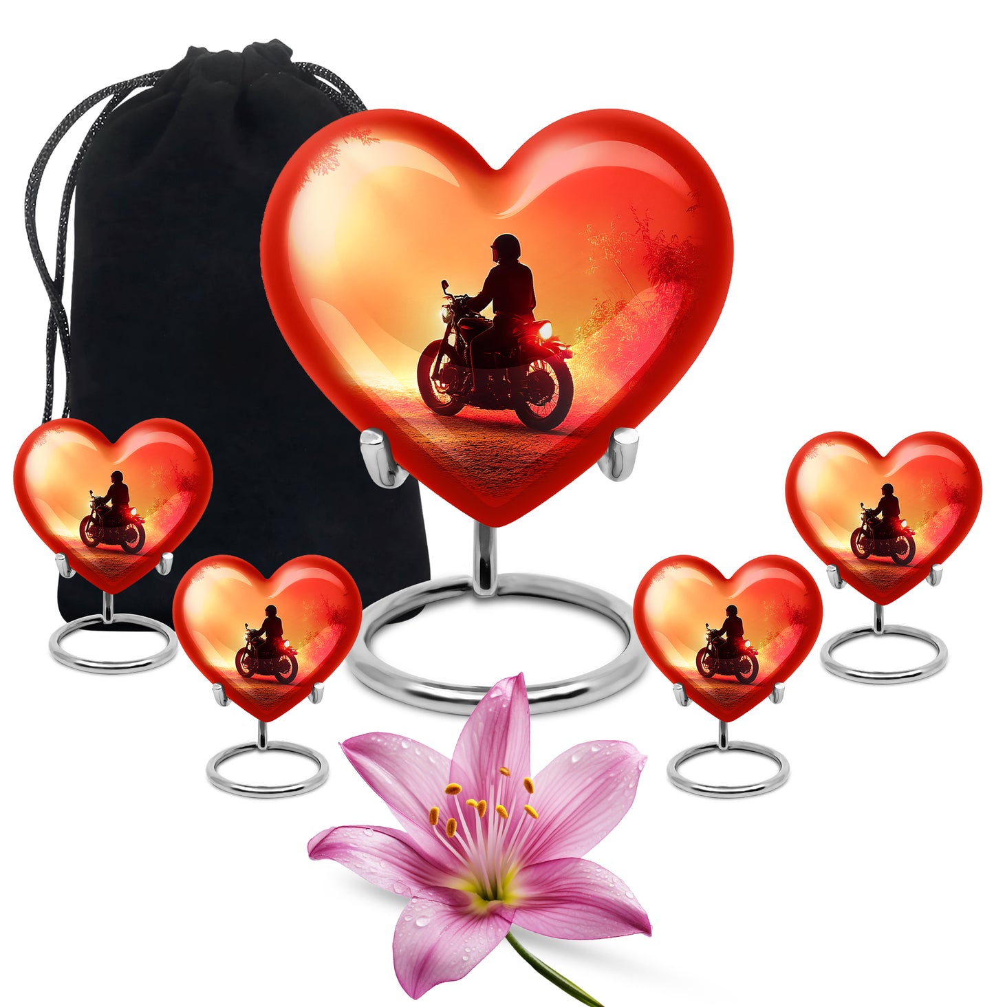 Burgundy Red Bike Cremation Urn close-up of engraving and surface detail - loving heart memorial featuring bike pattern - memorial set with one large and four small urns