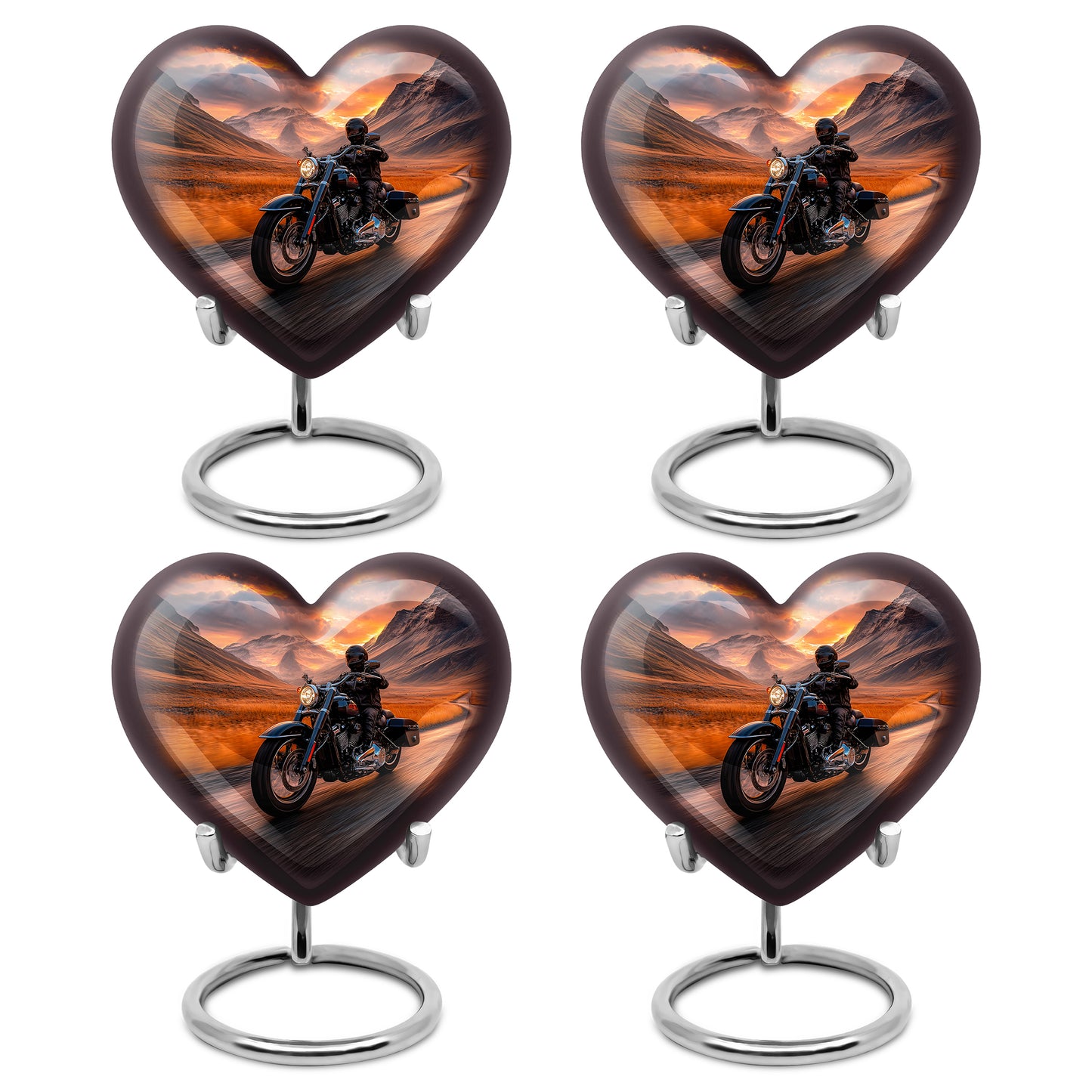 Wine Red Bike Cremation Urn angled view of lid and engraved motif - loving heart memorial featuring bike pattern - 10 inch aluminum urn for cremated remains