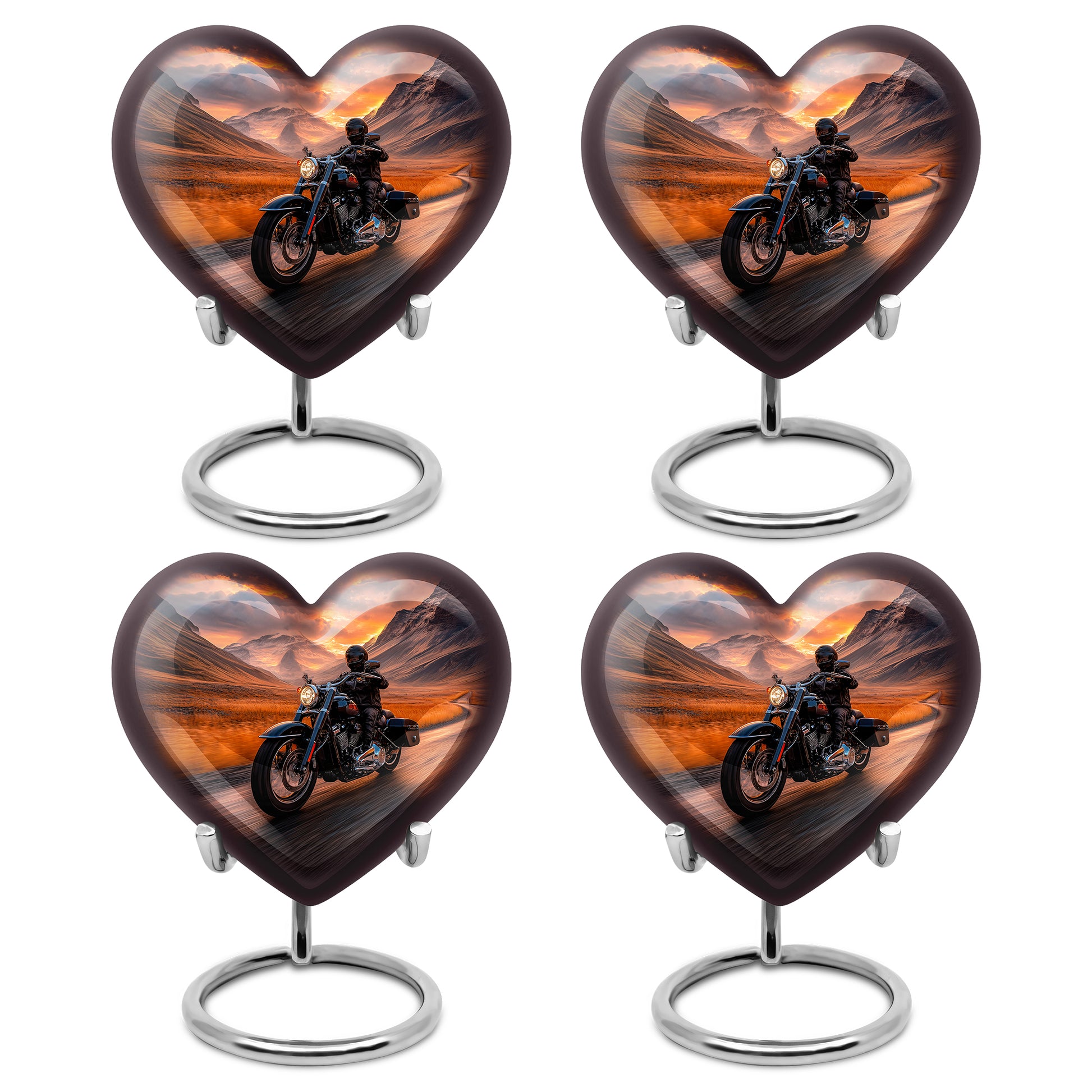 Wine Red Bike Cremation Urn angled view of lid and engraved motif - loving heart memorial featuring bike pattern - 10 inch aluminum urn for cremated remains