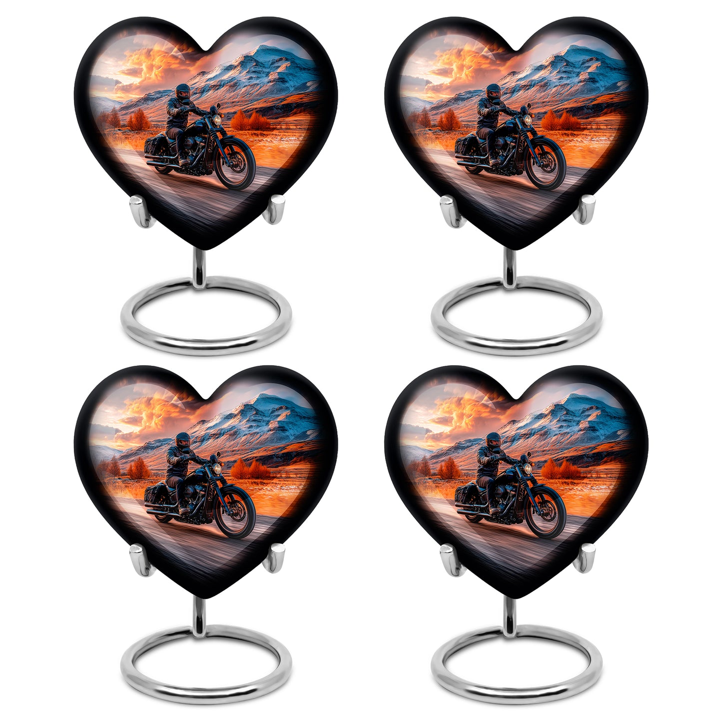 Deep Red Bike Cremation Urn angled view of lid and engraved motif - loving heart memorial featuring bike pattern - 10 inch aluminum urn for cremated remains