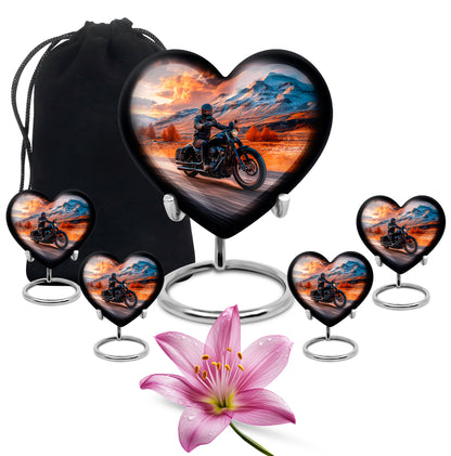Burgundy Red Bike Cremation Urn close-up of engraving and surface detail - heart-shaped bike design symbolizing eternal love - memorial set with one large and four small urns