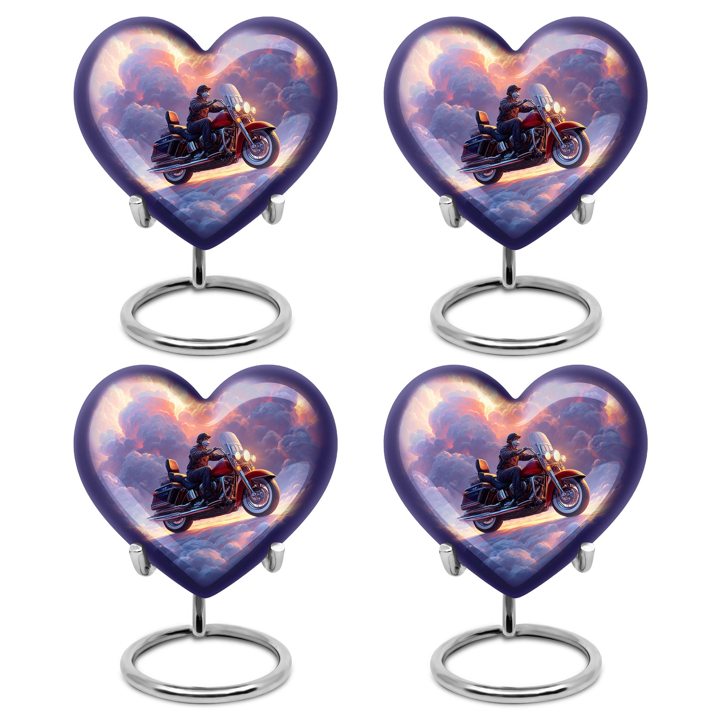 Twilight Blue Bike Cremation Urn angled view of lid and engraved motif - romantic heart urn with bike motif on aluminum - 10 inch aluminum urn for cremated remains