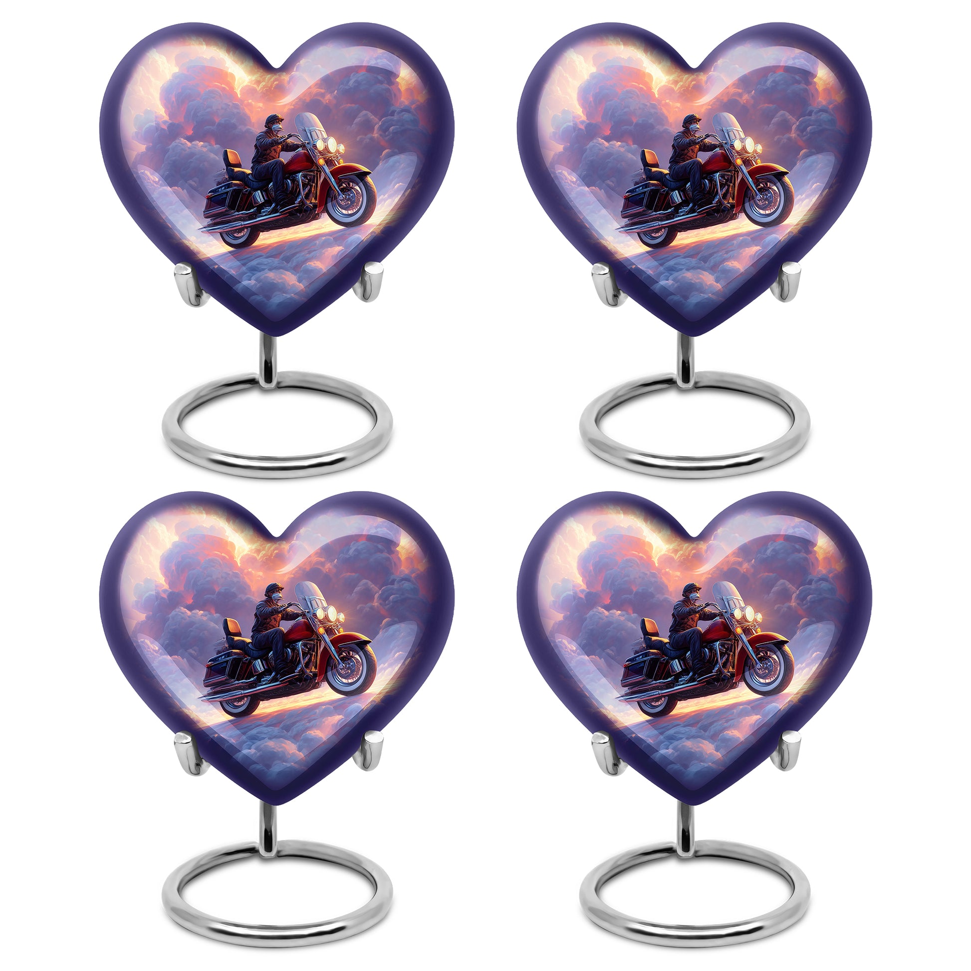 Twilight Blue Bike Cremation Urn angled view of lid and engraved motif - romantic heart urn with bike motif on aluminum - 10 inch aluminum urn for cremated remains