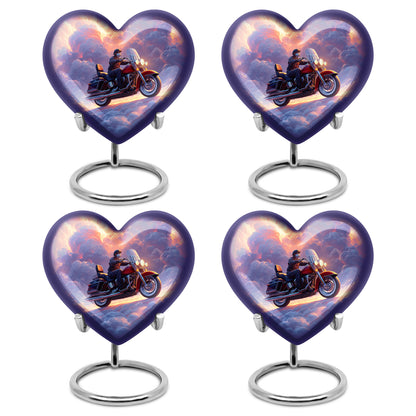 Twilight Blue Bike Cremation Urn angled view of lid and engraved motif - romantic heart urn with bike motif on aluminum - 10 inch aluminum urn for cremated remains