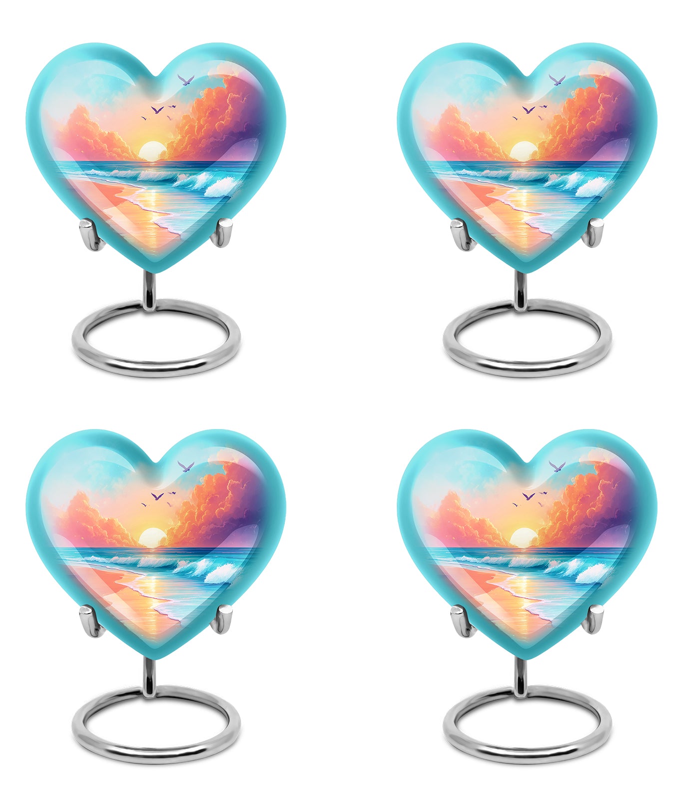 Cool Teal Beach Cremation Urn angled view of lid and engraved motif - loving heart memorial featuring beach pattern - 10 inch aluminum urn for cremated remains