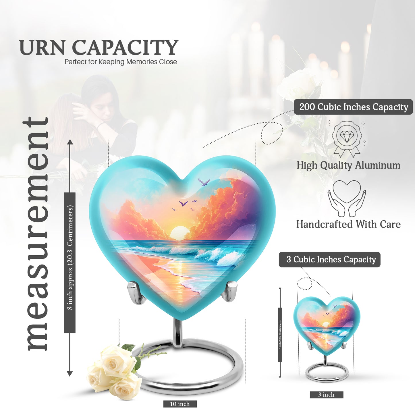 Soft Teal Beach Cremation Urn front view showing detailed design - heart-shaped beach design symbolizing eternal love - mini keepsake memorial for portion of cremation ashes