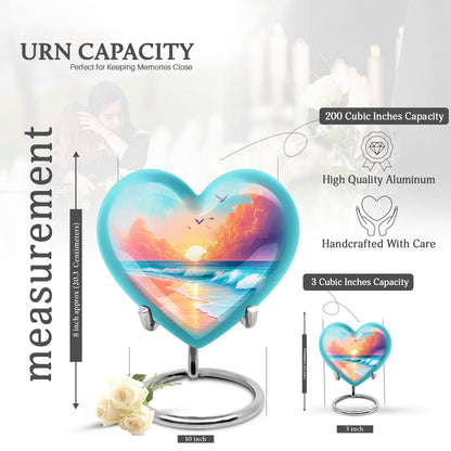 Soft Teal Beach Cremation Urn front view showing detailed design - heart-shaped beach design symbolizing eternal love - mini keepsake memorial for portion of cremation ashes