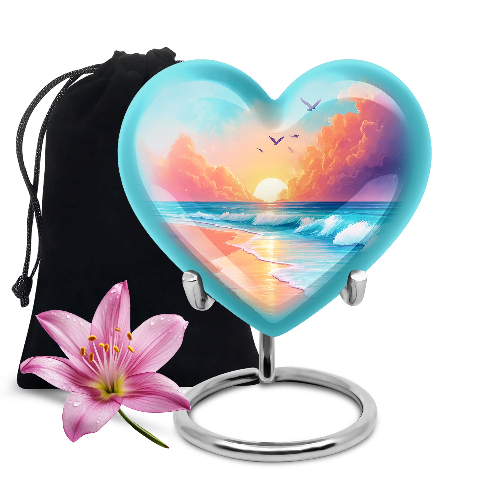 Aqua Teal Beach Cremation Urn detail view - compassionate heart-beach combination with gentle curves - full-size 10 inch 200 cubic inch adult cremation urn