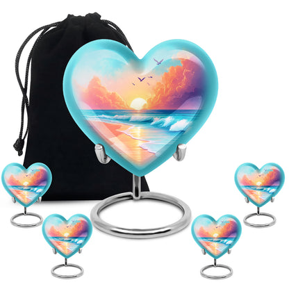 Tropical Teal Beach Cremation Urn close-up of engraving and surface detail - compassionate heart-beach combination with gentle curves - memorial set with one large and four small urns