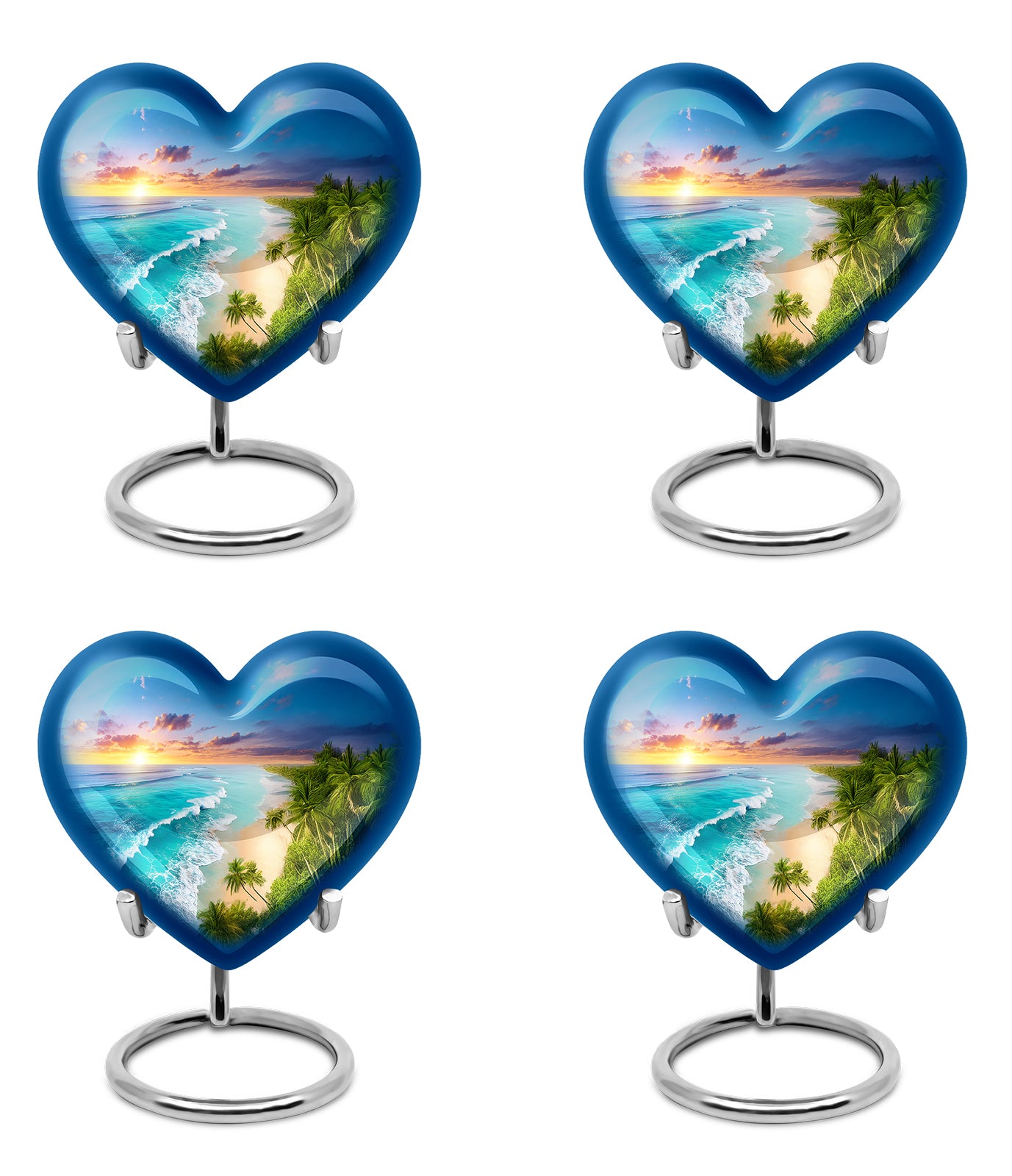 Slate Blue Beach Cremation Urn angled view of lid and engraved motif - loving heart memorial featuring beach pattern - 10 inch aluminum urn for cremated remains