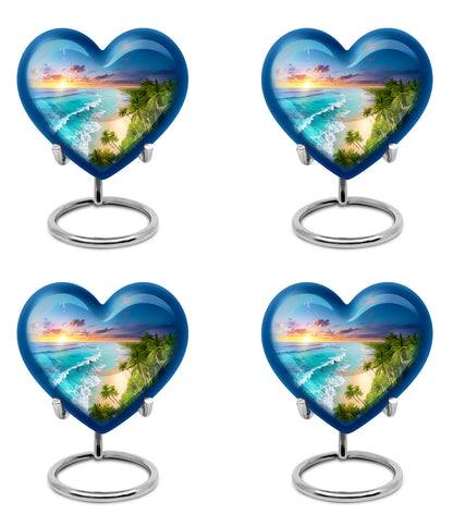 Slate Blue Beach Cremation Urn angled view of lid and engraved motif - loving heart memorial featuring beach pattern - 10 inch aluminum urn for cremated remains