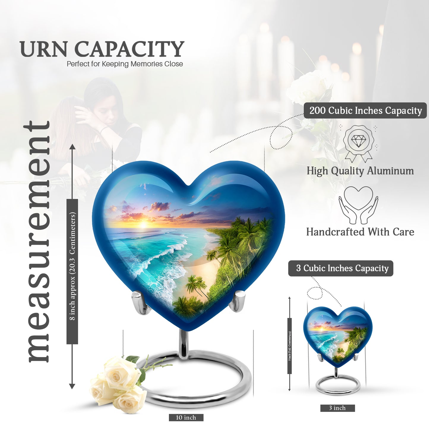 Serene Blue Beach Cremation Urn front view showing detailed design - compassionate heart-beach combination with gentle curves - mini keepsake memorial for portion of cremation ashes