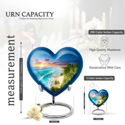 Serene Blue Beach Cremation Urn front view showing detailed design - compassionate heart-beach combination with gentle curves - mini keepsake memorial for portion of cremation ashes