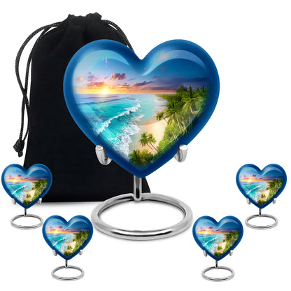 Cobalt Blue Beach Cremation Urn close-up of engraving and surface detail - romantic heart urn with beach motif on aluminum - memorial set with one large and four small urns