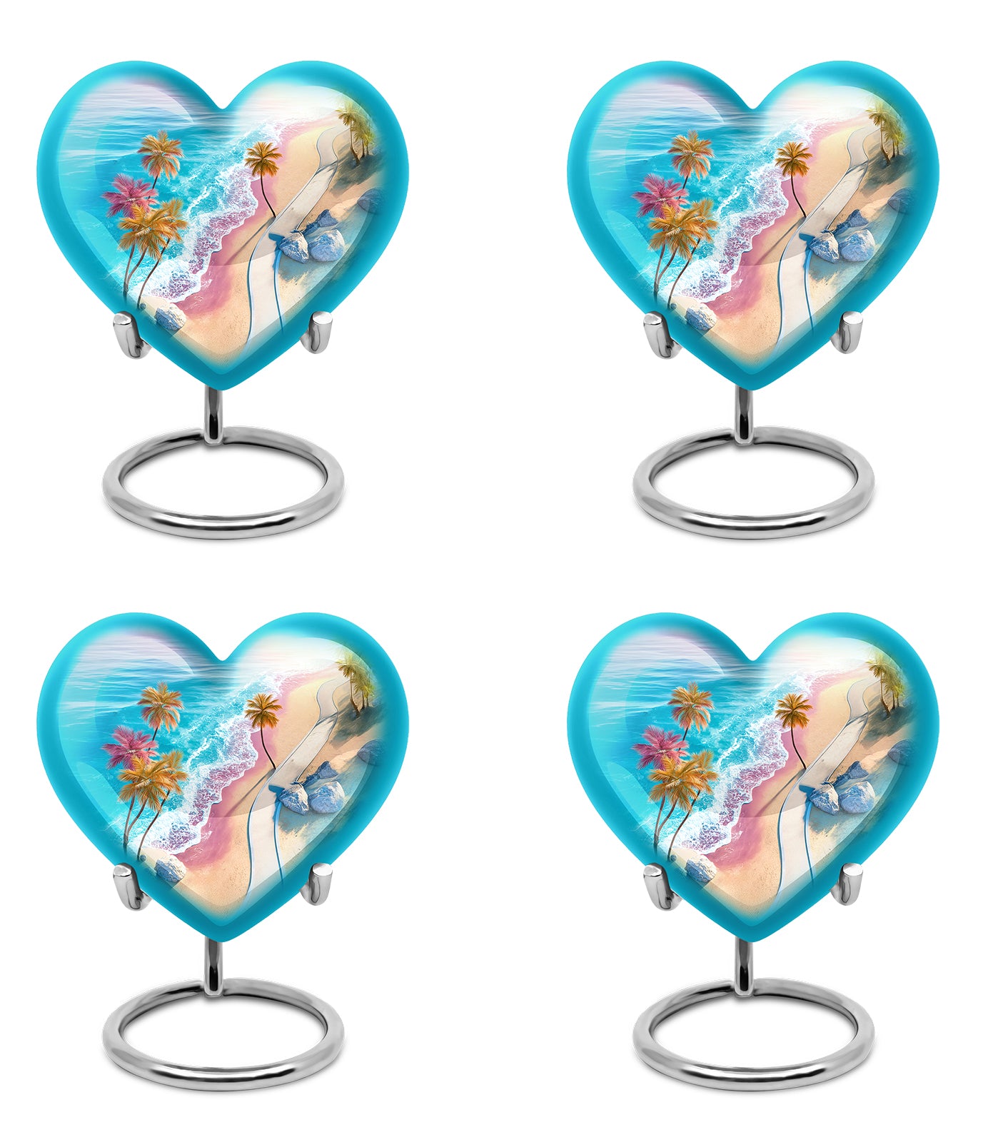 Cool Teal Beach Cremation Urn angled view of lid and engraved motif - heart-shaped beach design symbolizing eternal love - 10 inch aluminum urn for cremated remains