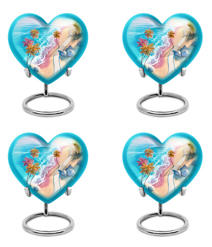 Cool Teal Beach Cremation Urn angled view of lid and engraved motif - heart-shaped beach design symbolizing eternal love - 10 inch aluminum urn for cremated remains