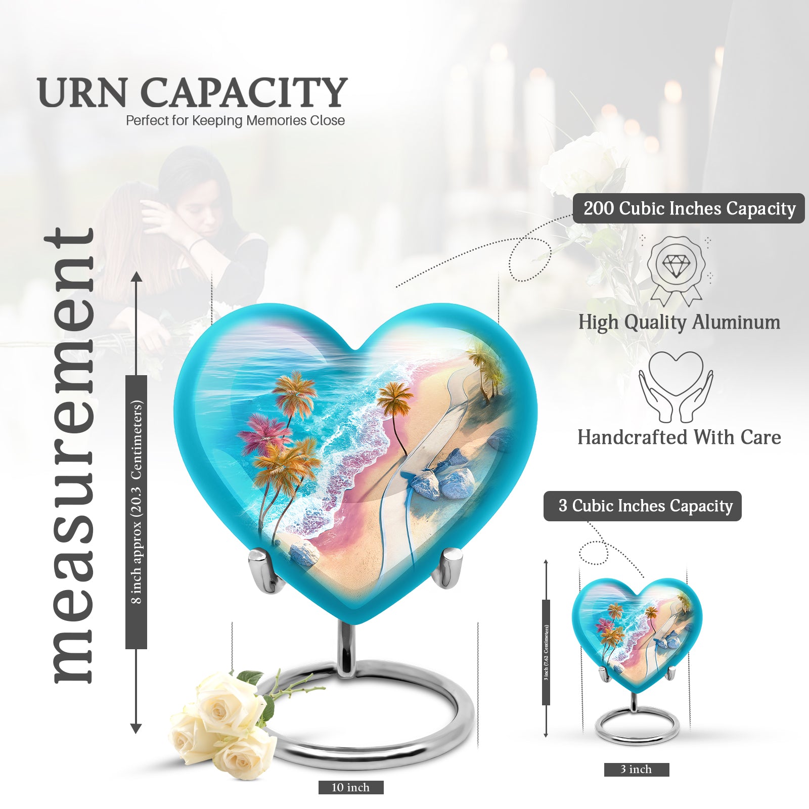 Cool Teal Beach Cremation Urn front view showing detailed design - heart-shaped beach design symbolizing eternal love - mini keepsake memorial for portion of cremation ashes