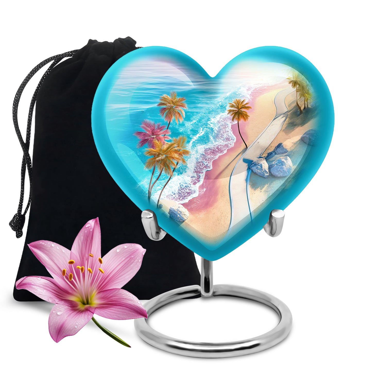 Mystic Teal Beach Cremation Urn detail view - compassionate heart-beach combination with gentle curves - full-size 10 inch 200 cubic inch adult cremation urn