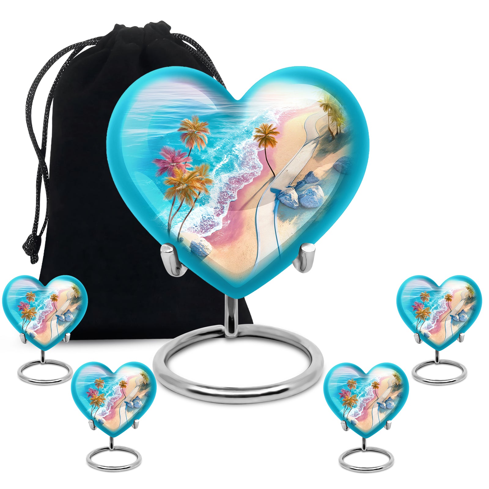 Vivid Teal Beach Cremation Urn close-up of engraving and surface detail - romantic heart urn with beach motif on aluminum - memorial set with one large and four small urns