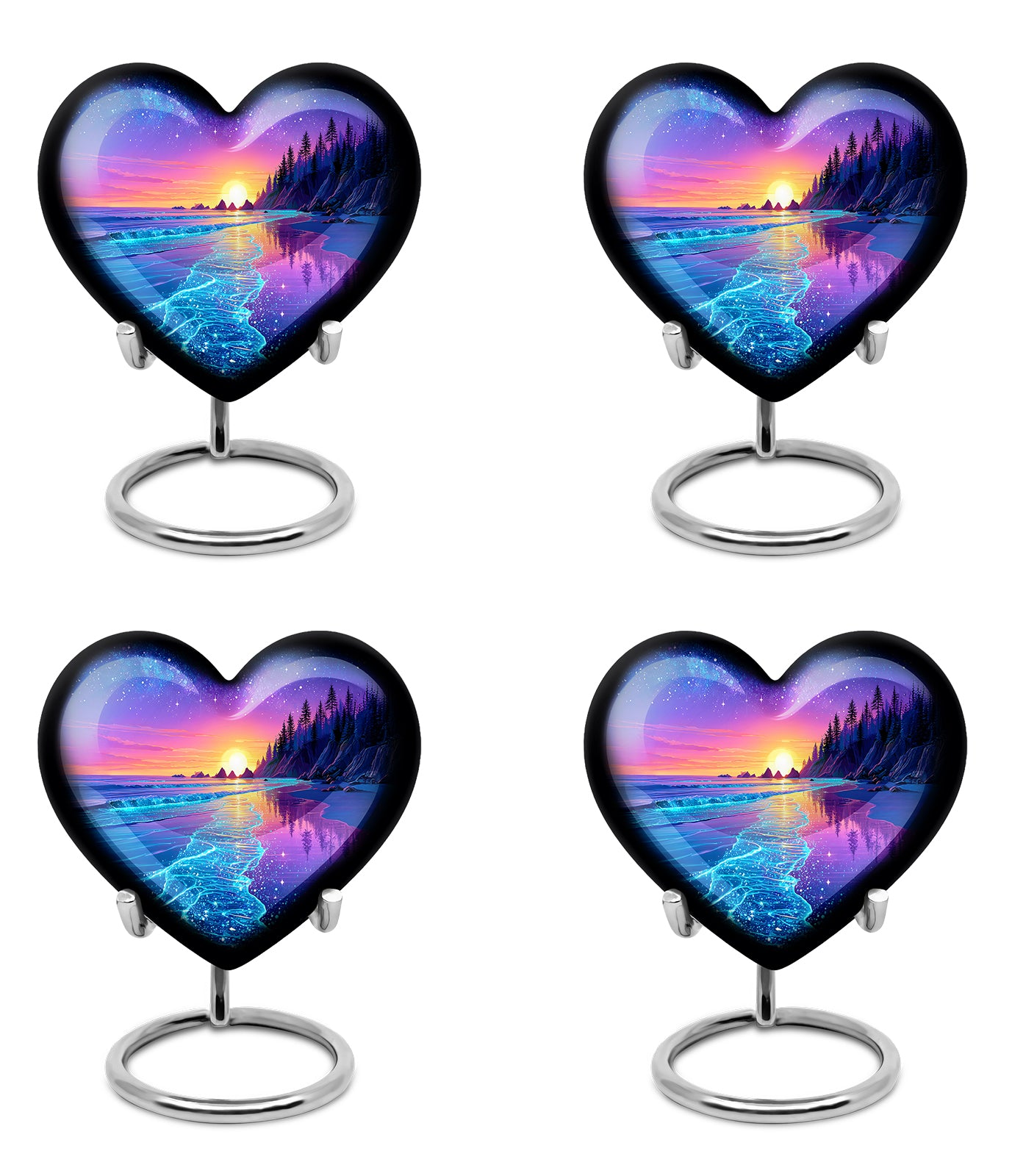 Vivid Blue Beach Cremation Urn angled view of lid and engraved motif - romantic heart urn with beach motif on aluminum - 10 inch aluminum urn for cremated remains
