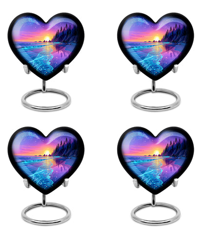 Vivid Blue Beach Cremation Urn angled view of lid and engraved motif - romantic heart urn with beach motif on aluminum - 10 inch aluminum urn for cremated remains