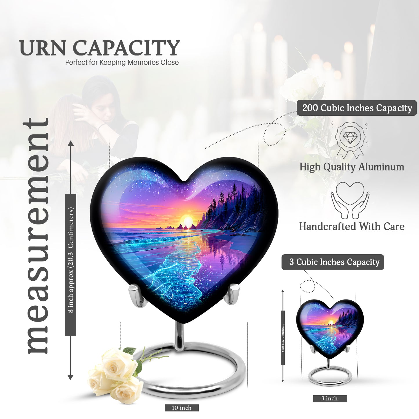 Icy Blue Beach Cremation Urn front view showing detailed design - heart-shaped beach design symbolizing eternal love - mini keepsake memorial for portion of cremation ashes