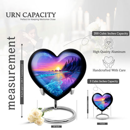 Icy Blue Beach Cremation Urn front view showing detailed design - heart-shaped beach design symbolizing eternal love - mini keepsake memorial for portion of cremation ashes