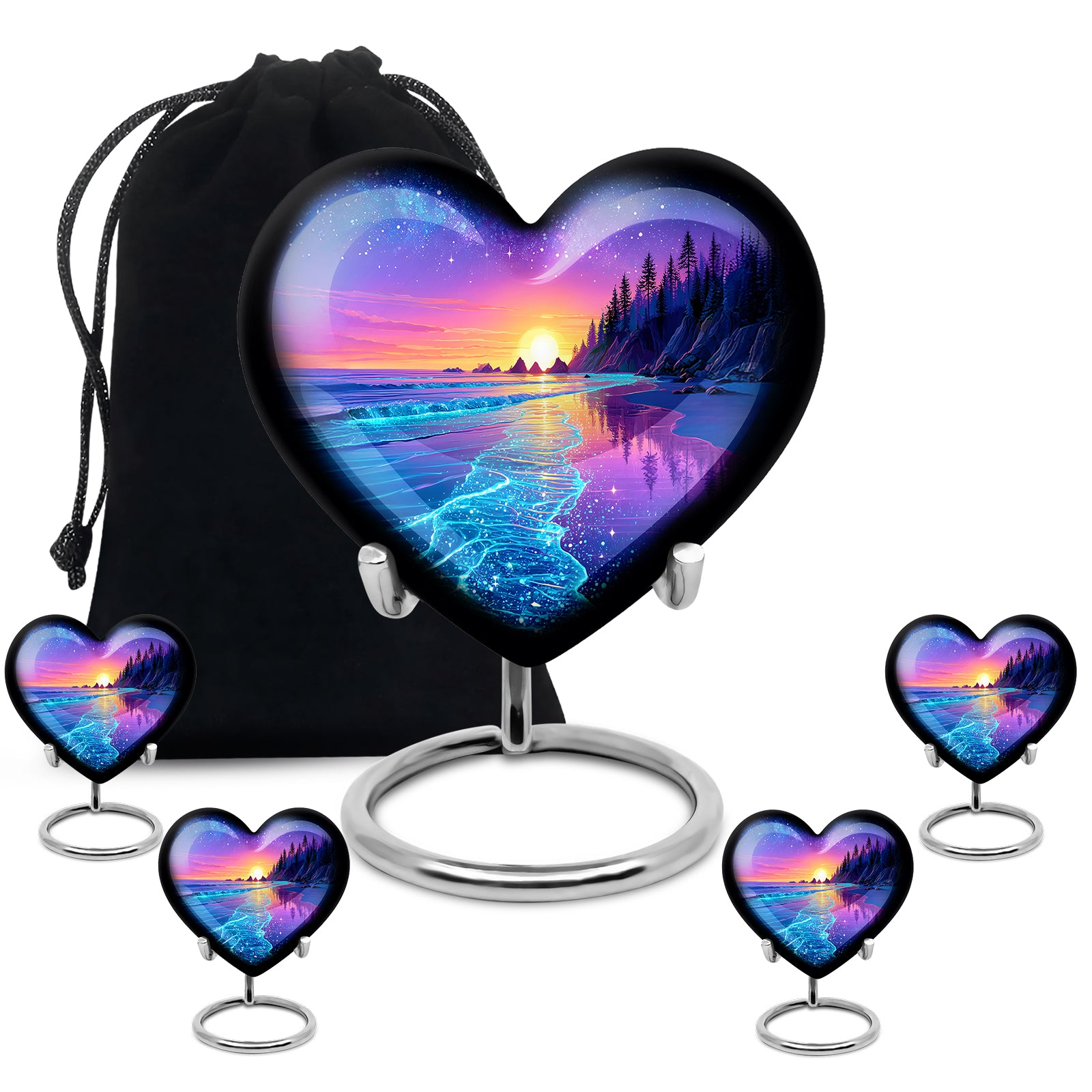 Pastel Blue Beach Cremation Urn close-up of engraving and surface detail - loving heart memorial featuring beach pattern - memorial set with one large and four small urns