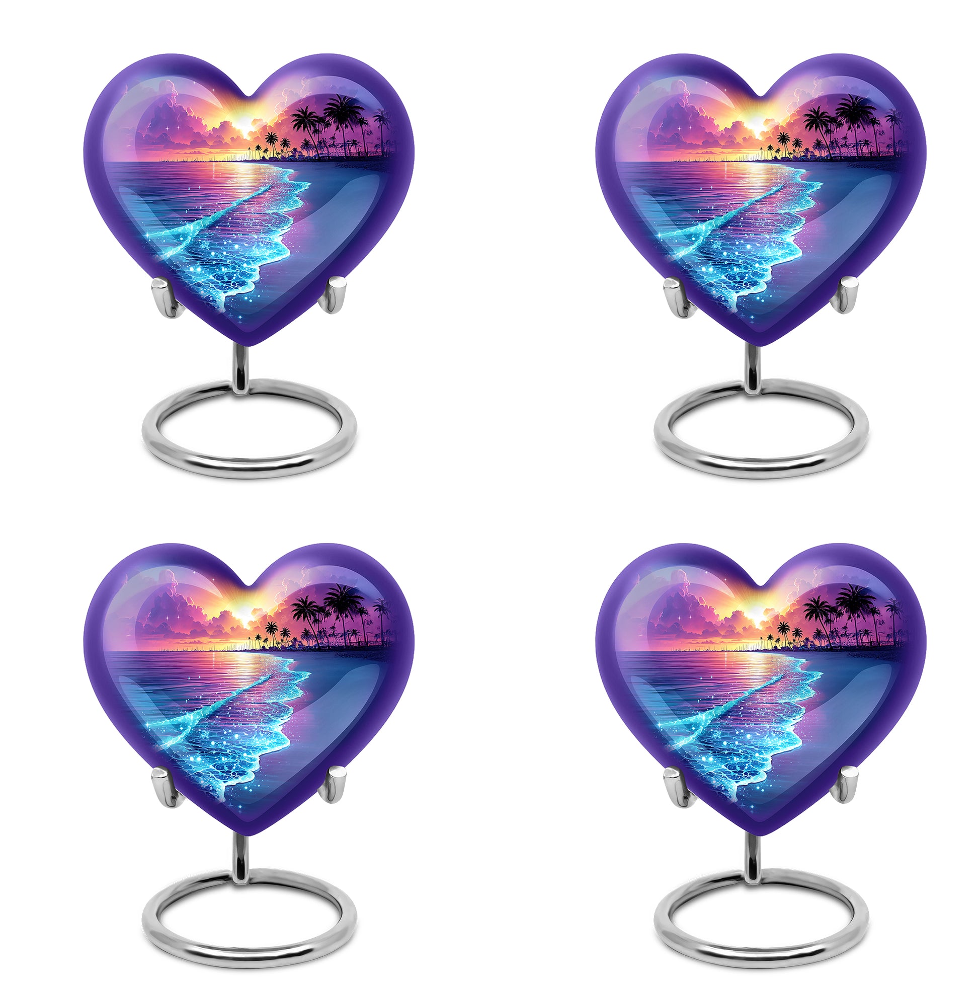 Cornflower Blue Beach Cremation Urn angled view of lid and engraved motif - compassionate heart-beach combination with gentle curves - 10 inch aluminum urn for cremated remains
