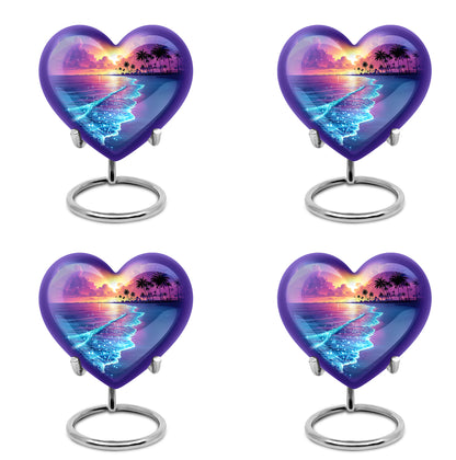 Cornflower Blue Beach Cremation Urn angled view of lid and engraved motif - compassionate heart-beach combination with gentle curves - 10 inch aluminum urn for cremated remains