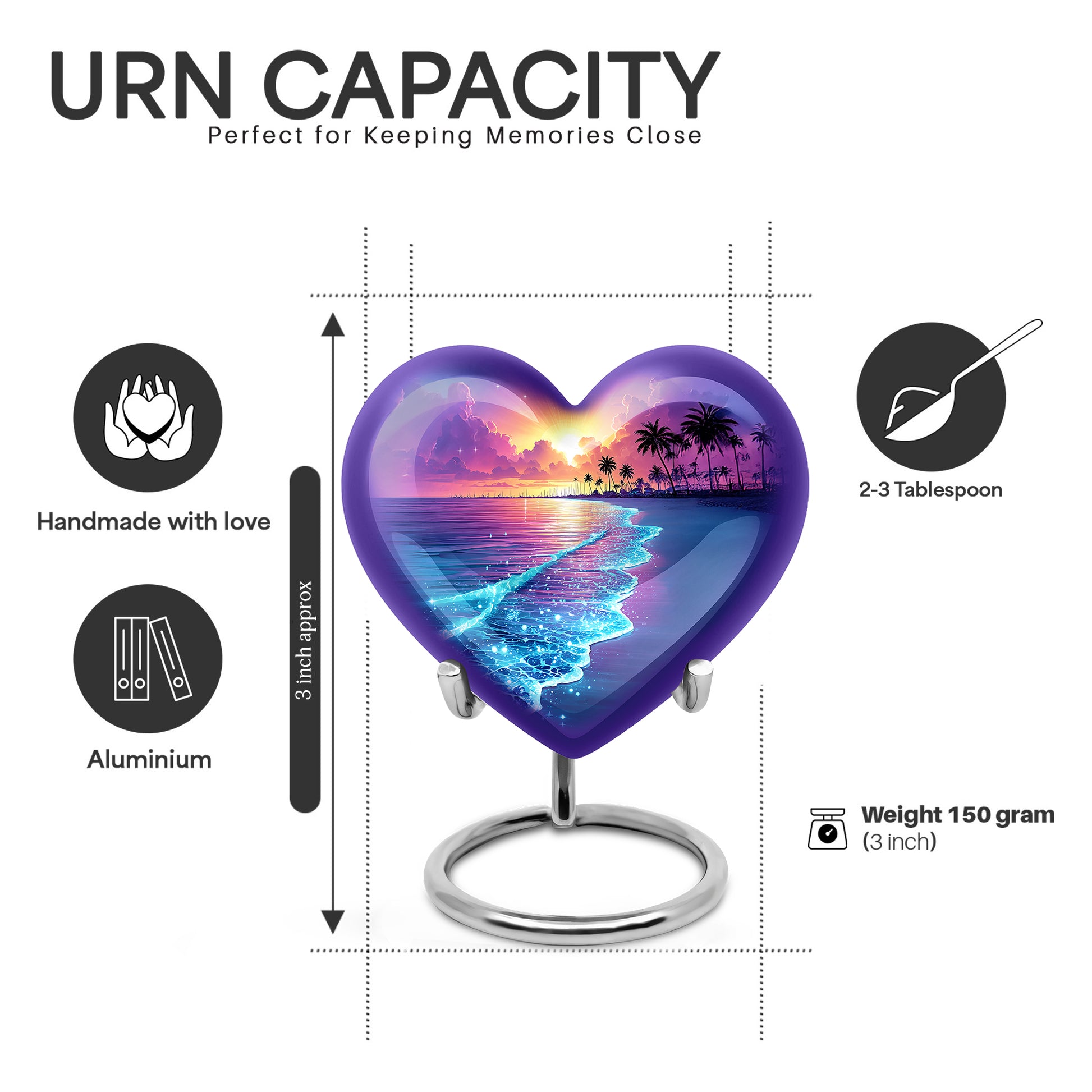 Steel Blue Beach Cremation Urn front view showing detailed design - compassionate heart-beach combination with gentle curves - mini keepsake memorial for portion of cremation ashes