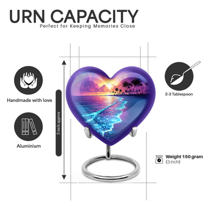 Steel Blue Beach Cremation Urn front view showing detailed design - compassionate heart-beach combination with gentle curves - mini keepsake memorial for portion of cremation ashes