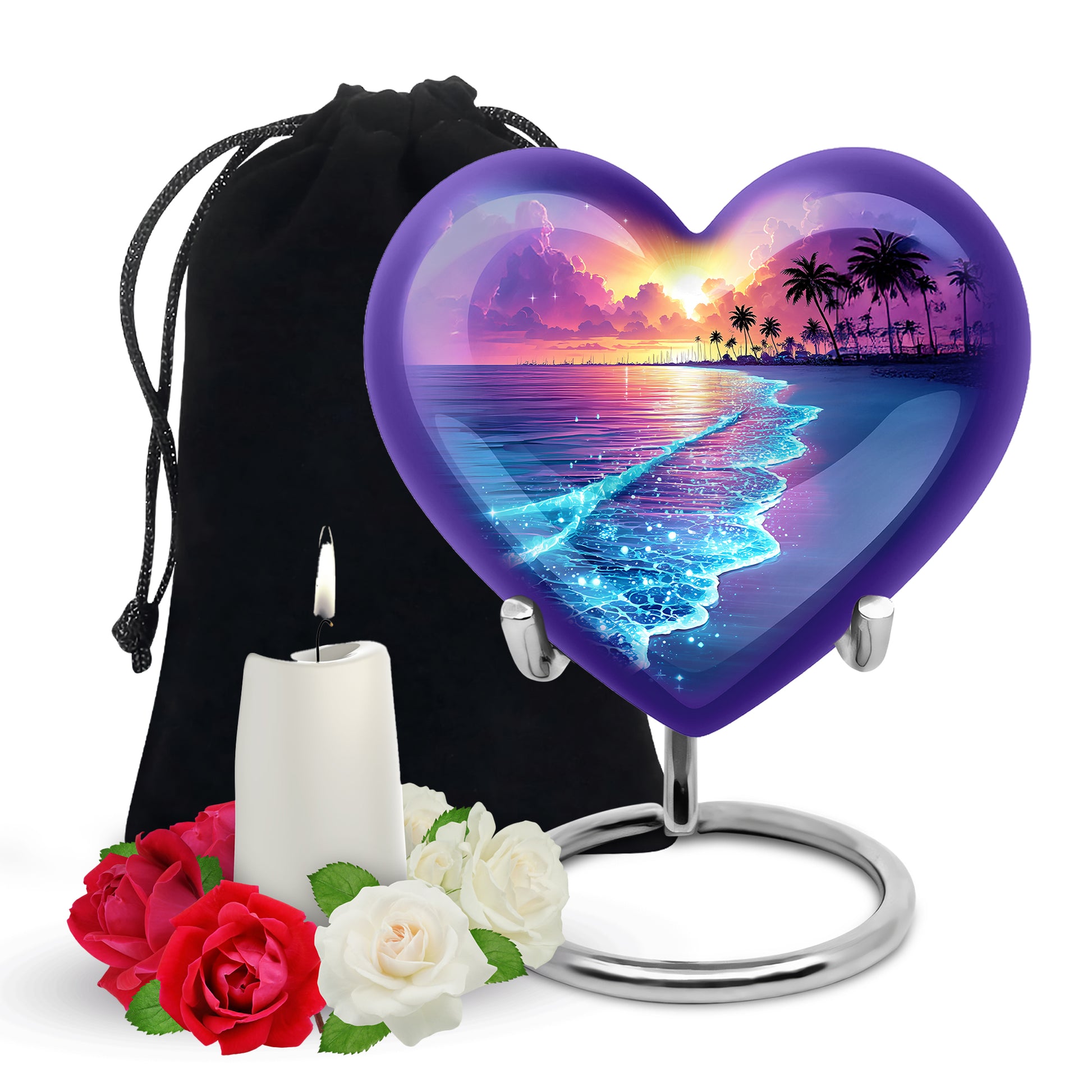 Indigo Beach Cremation Urn detail view - heart-shaped beach design symbolizing eternal love - full-size 10 inch 200 cubic inch adult cremation urn