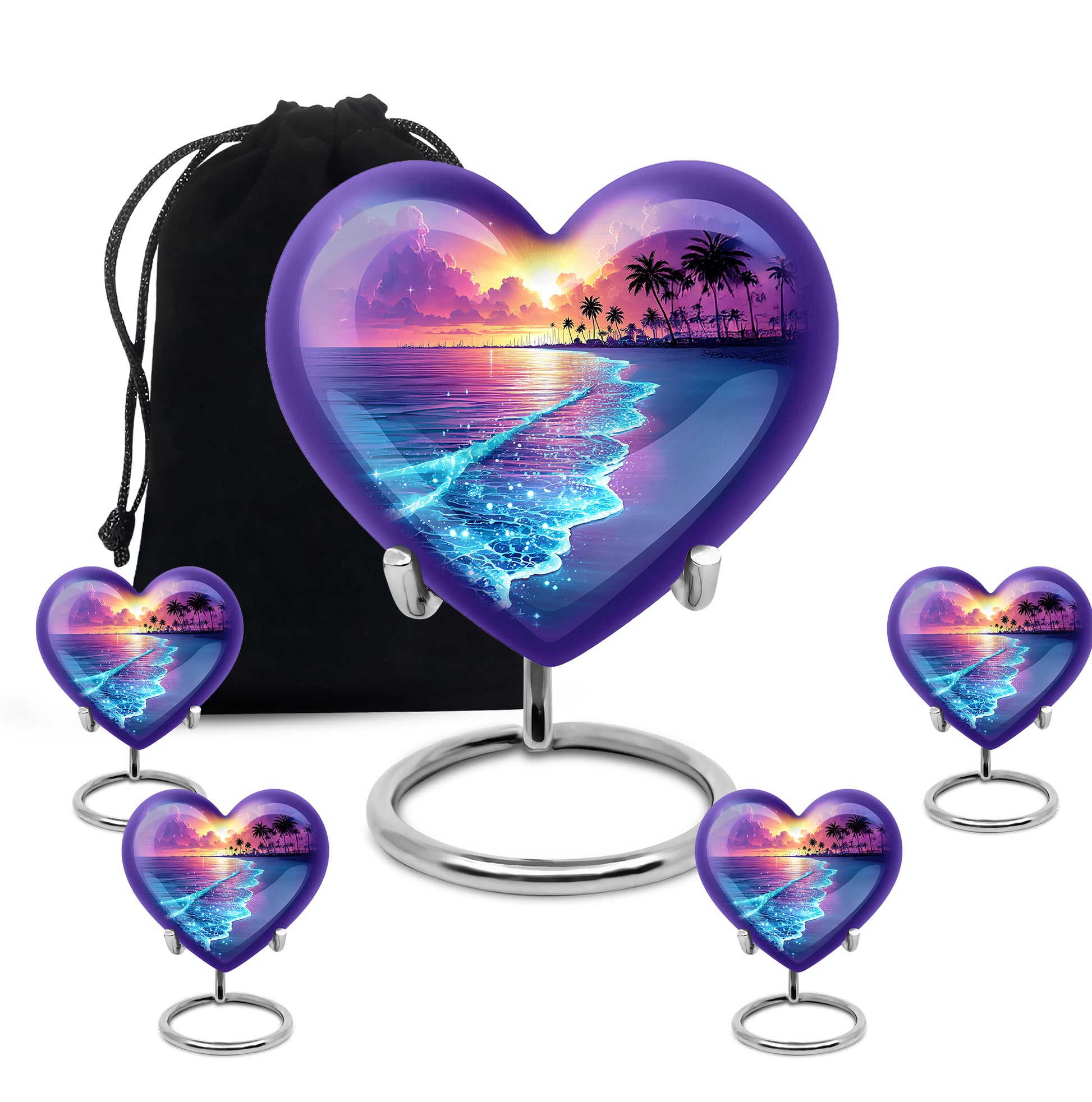 Cornflower Blue Beach Cremation Urn close-up of engraving and surface detail - romantic heart urn with beach motif on aluminum - memorial set with one large and four small urns