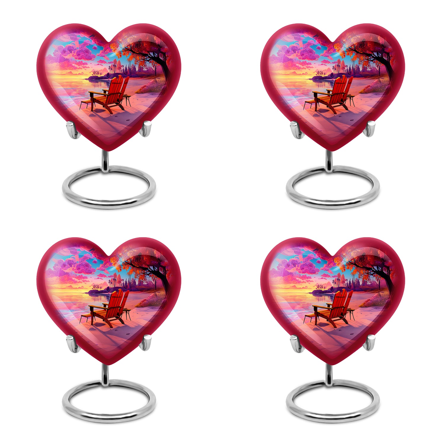 Sapphire Blue Beach Cremation Urn angled view of lid and engraved motif - romantic heart urn with beach motif on aluminum - 10 inch aluminum urn for cremated remains