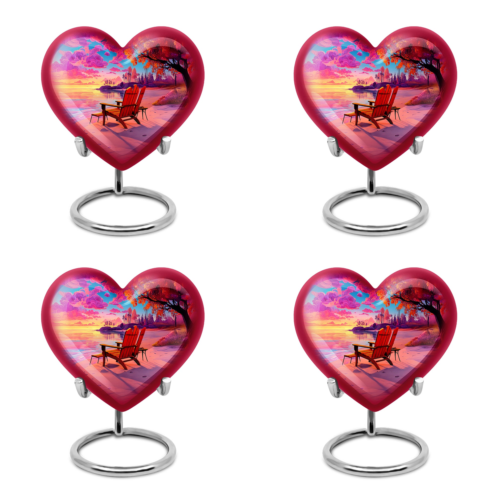 Sapphire Blue Beach Cremation Urn angled view of lid and engraved motif - romantic heart urn with beach motif on aluminum - 10 inch aluminum urn for cremated remains